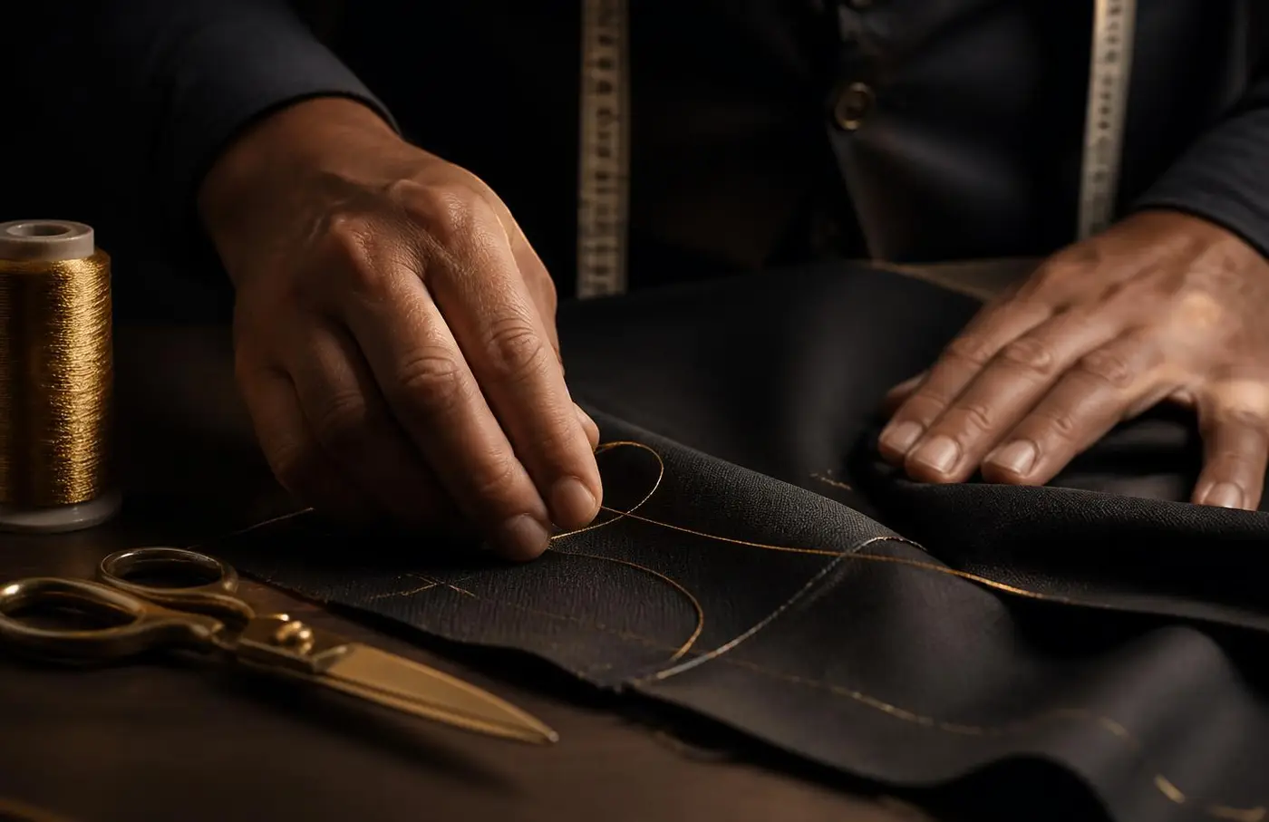Hands stitching dark fabric with gold thread at a tailoring table