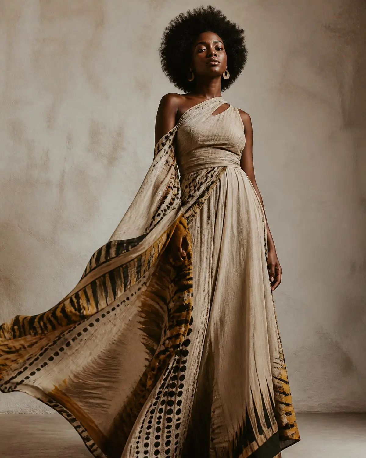 Woman wearing a flowing contemporary African-inspired gown in neutral tones