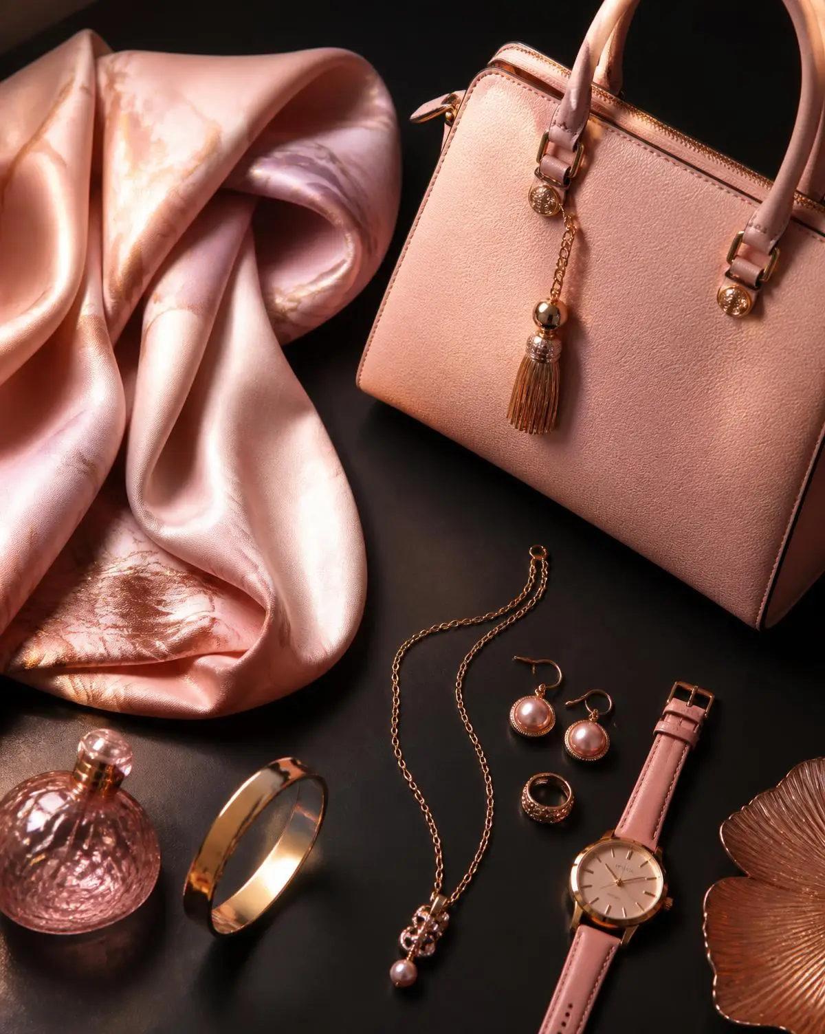 Flat lay of handbag, silk scarf and gold jewellery on a dark surface